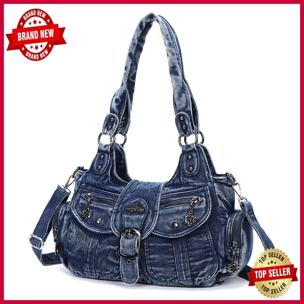 Denim Vegan Leather Hobo Tote with Crossbody Strap, Roomy Multi-Pocket Design